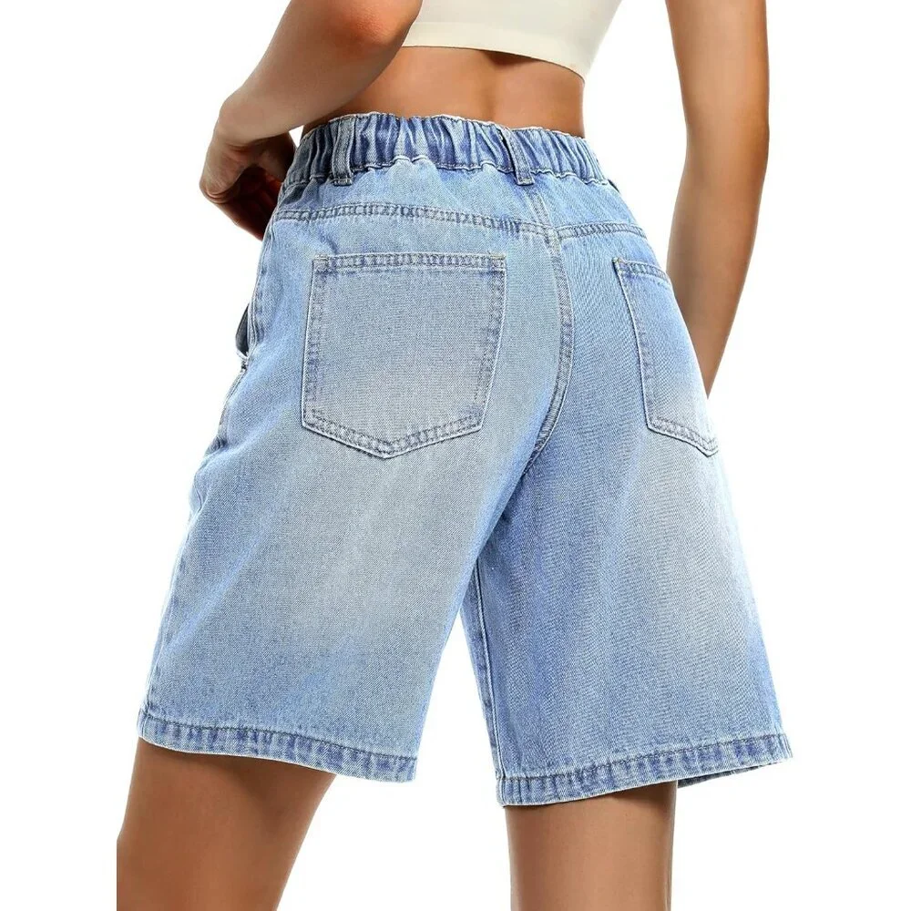 Women’s High-Waisted Baggy Bermuda Shorts Denim Knee-Length with Pockets